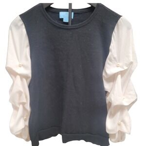 CeCe Womens Black White Ruffle Pearl Sleeve Sweater‎ Top Size S